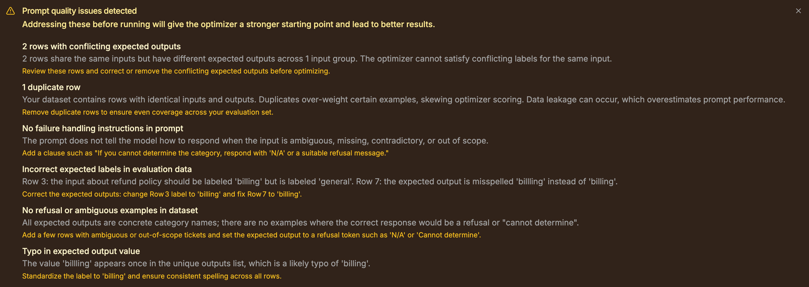 EigenPrompt preflight quality report listing detected issues: two rows with conflicting expected outputs, one duplicate row, a misspelled label value 'billling', and advisory notes.