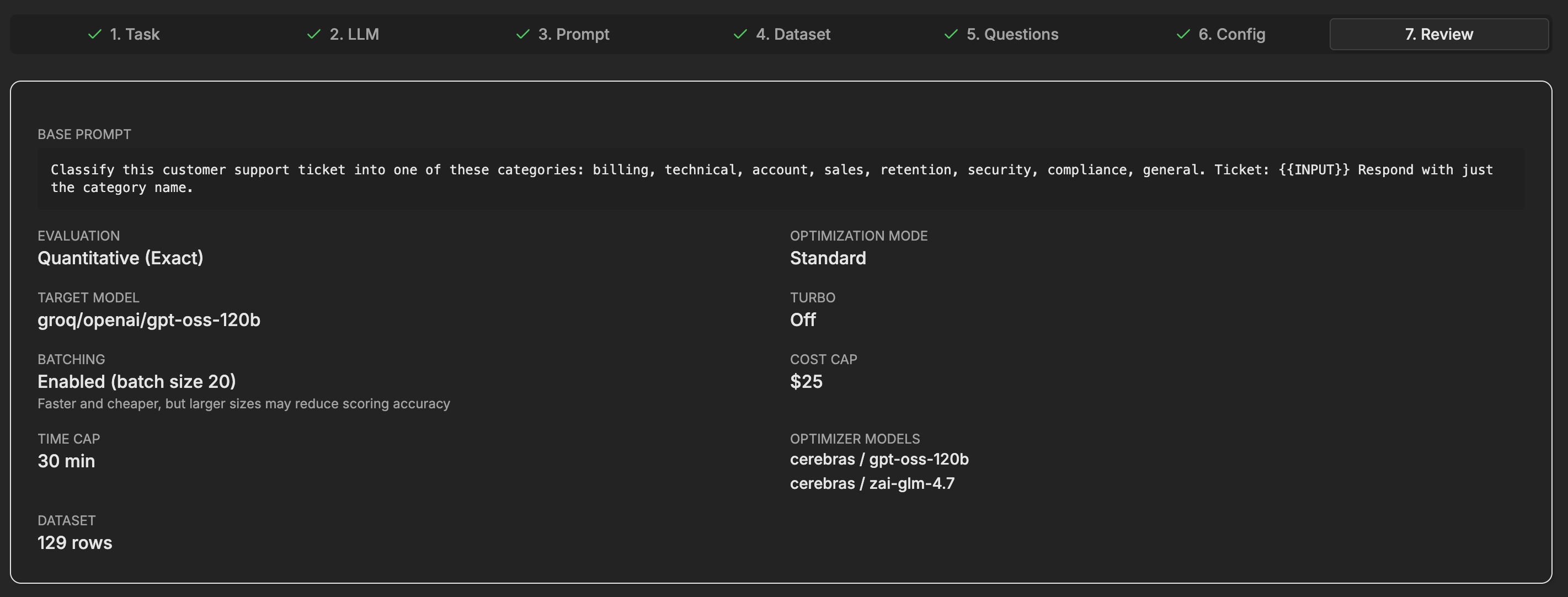 EigenPrompt run configuration: base prompt, quantitative exact-match evaluation, the target model, optimizer models, a cost cap, a 30-minute time cap, Standard optimization mode, and a 129-row dataset.